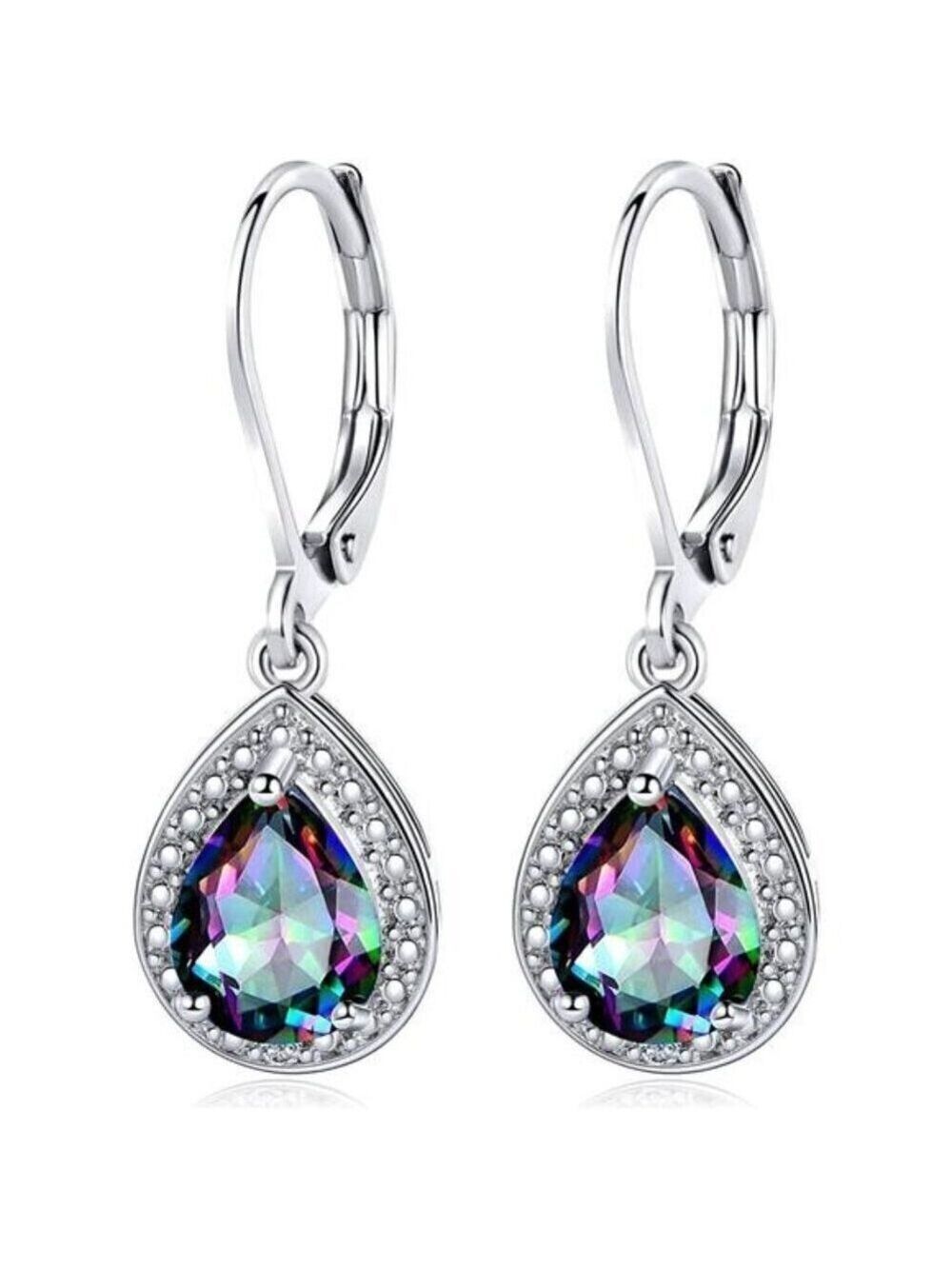 Halo Sparkle Purple Teardrop Leverback Earrings for Women 18K White Gold Plated
